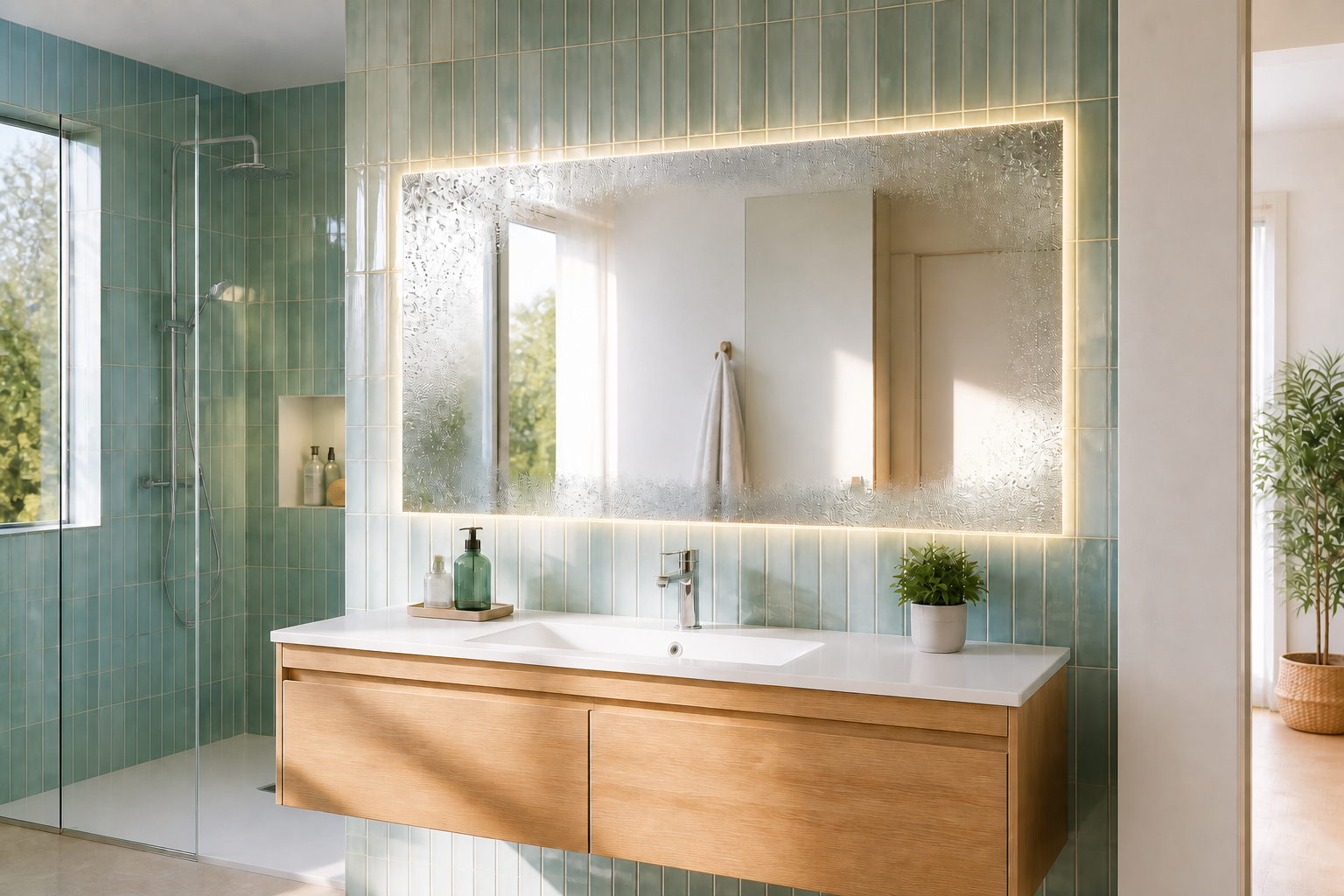 Espejo LED con sistema antivaho en un baño luminoso de azulejos verdes y madera clara