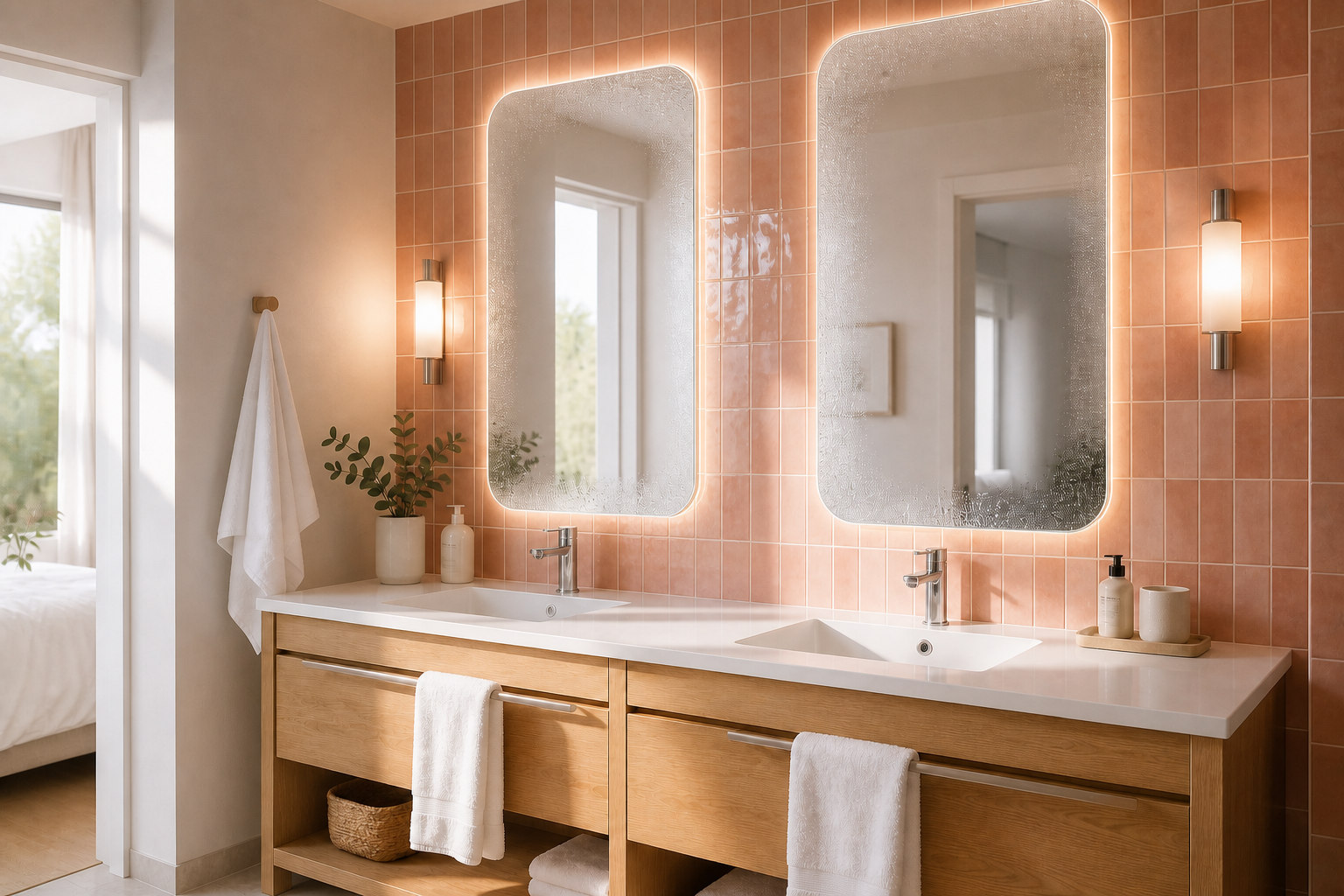 Dos espejos LED con sistema antivaho en un baño de hotel con azulejos color terracota