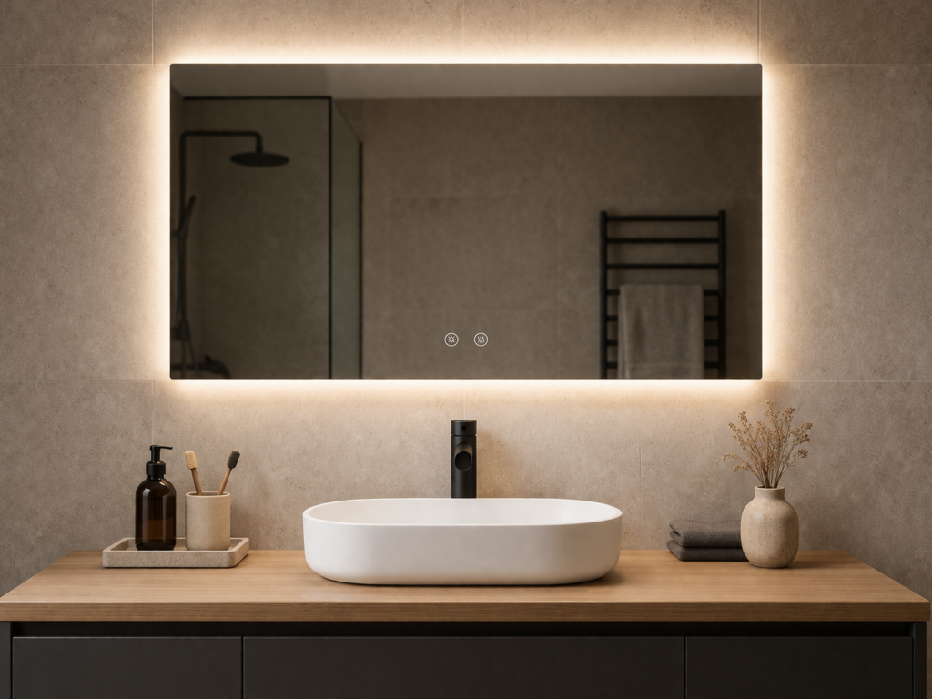 Espejo de baño retroiluminado con iluminación perimetral en ambiente moderno