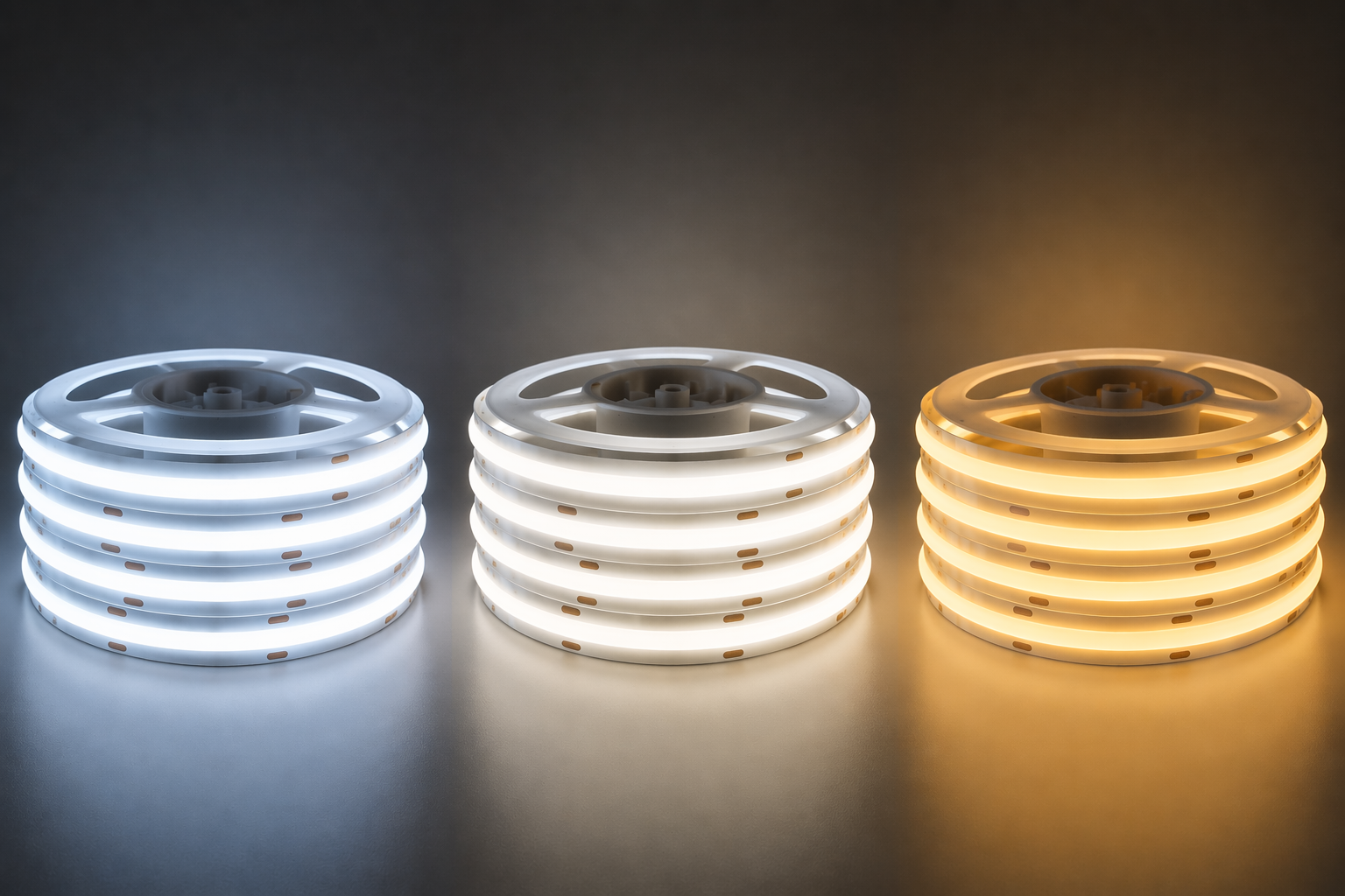 Tiras LED en tres temperaturas de color: luz fría, neutra y cálida para iluminación de espejos de baño.
