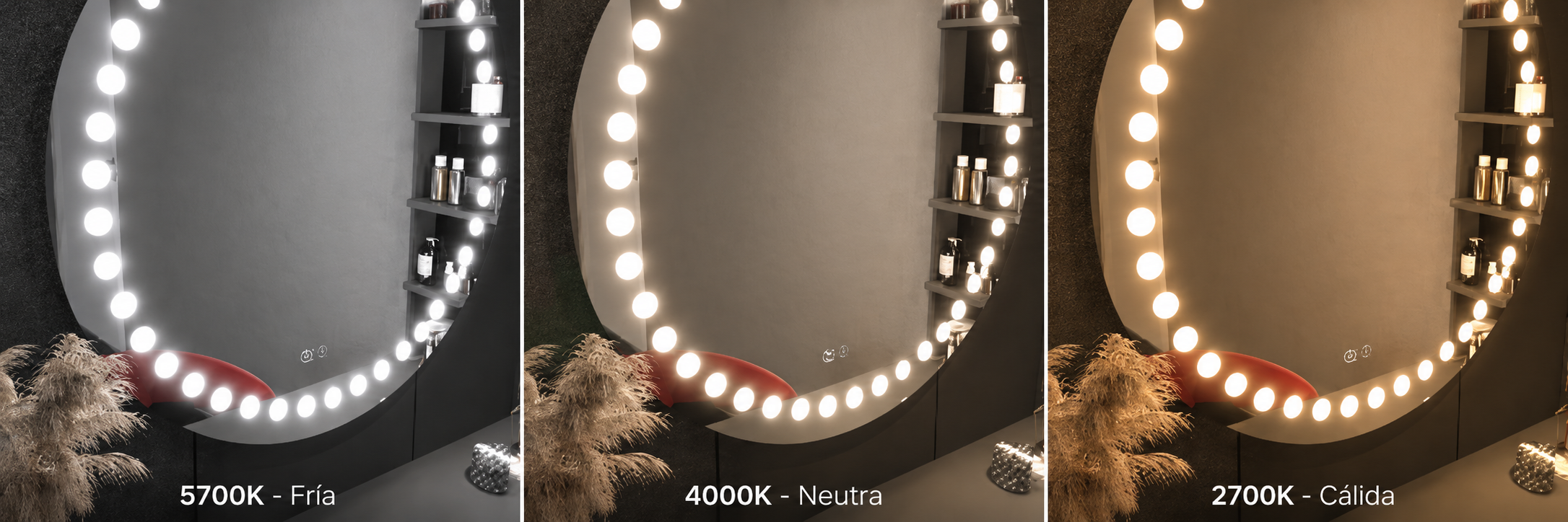 Comparativa de temperaturas de color en espejo LED: luz fría 5700K, luz neutra 4000K y luz cálida 2700K.