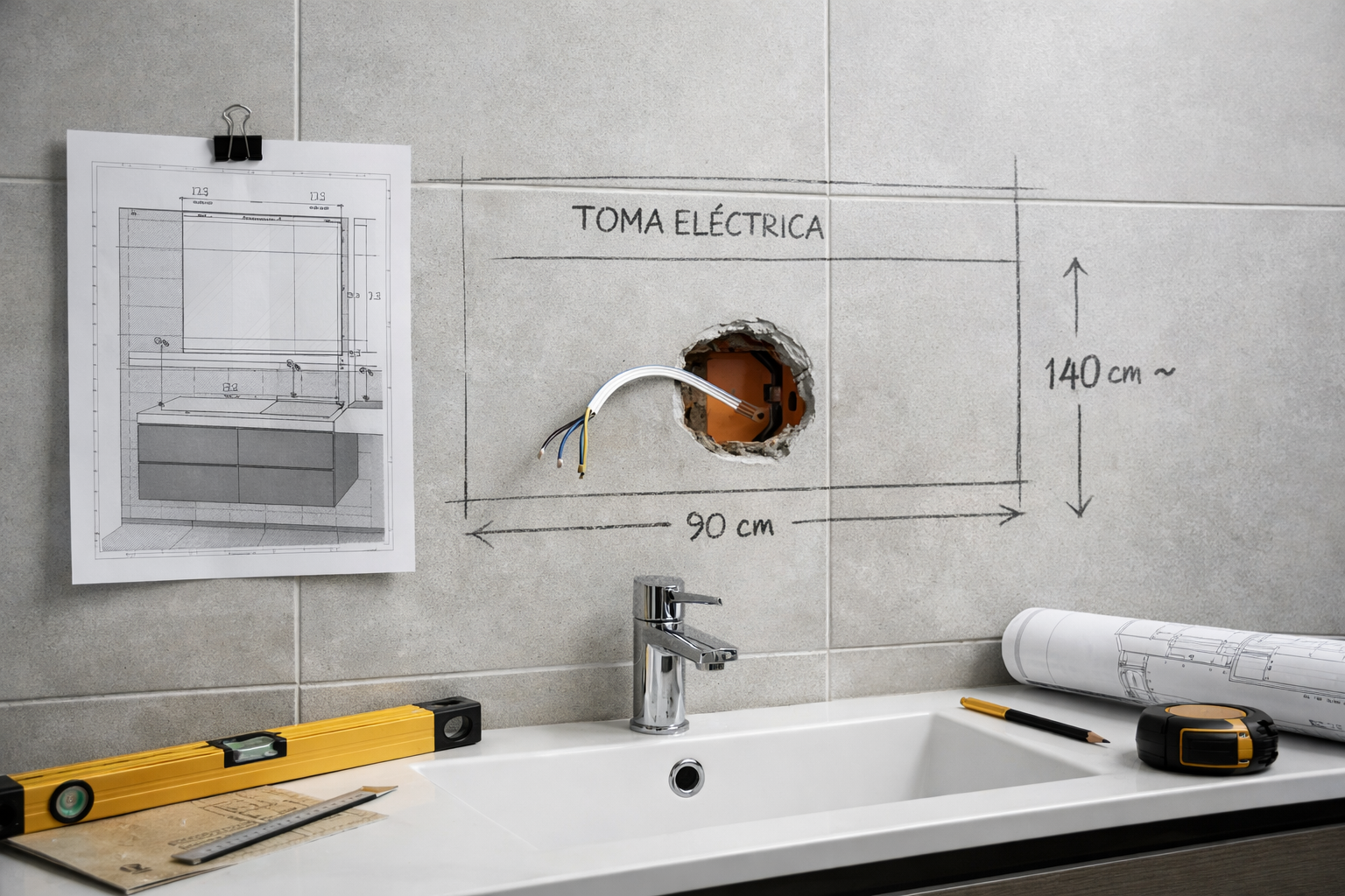 Punto eléctrico preparado en la pared de un baño para instalar un espejo con luz, con medidas marcadas y plano técnico de apoyo.