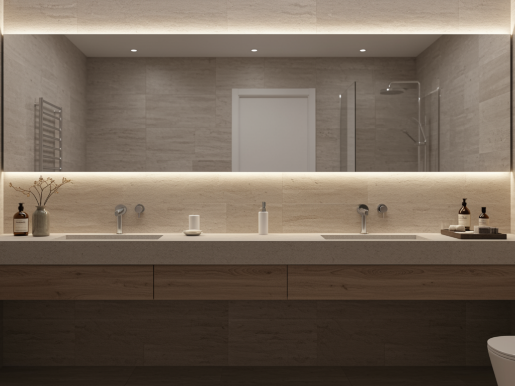 Espejo de baño retroiluminado sobre mueble de madera con doble lavabo en un baño contemporáneo.