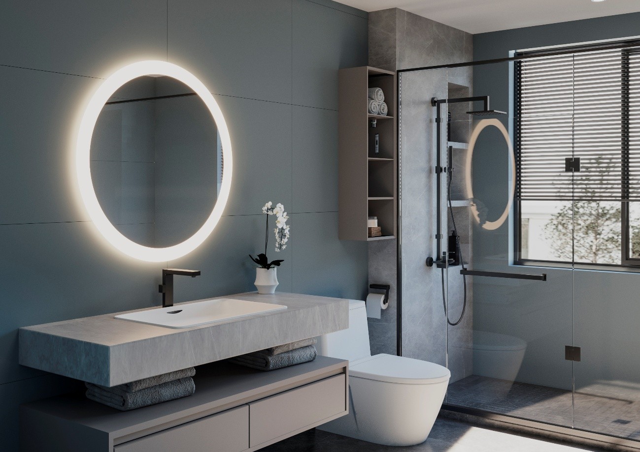 Baño moderno con espejo redondo retroiluminado y luz LED integrada sobre lavabo.