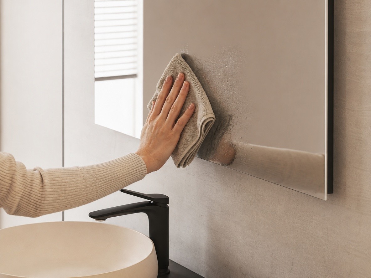Limpieza de espejo de baño con bayeta de microfibra para mantener el vidrio en buen estado.