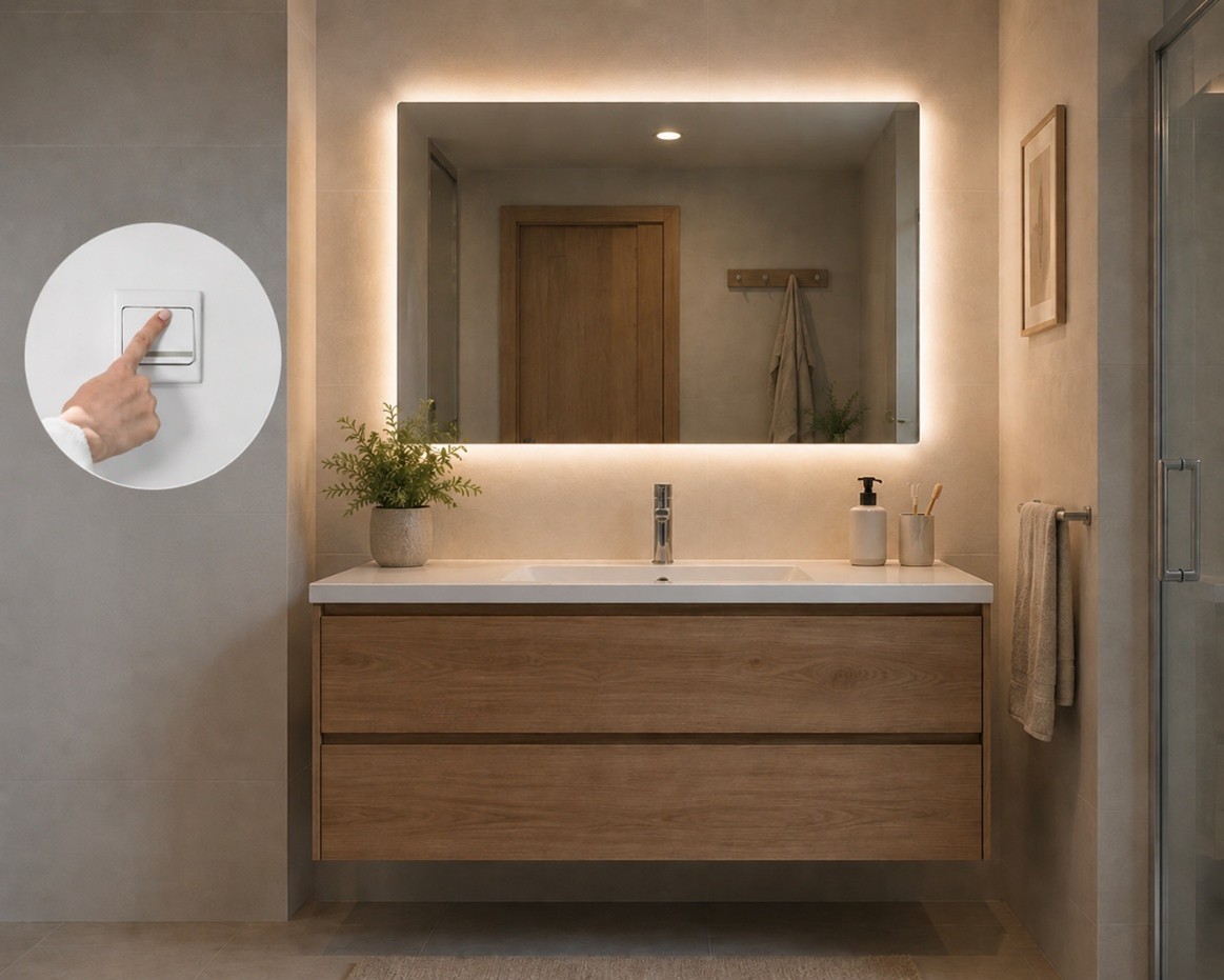 Espejo rectangular retroiluminado controlado mediante interruptor de pared externo en baño contemporáneo.
