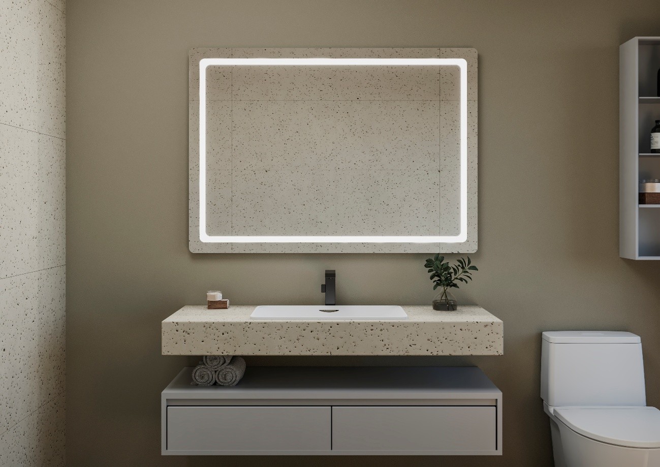 Espejo rectangular con iluminación LED frontal en baño moderno.