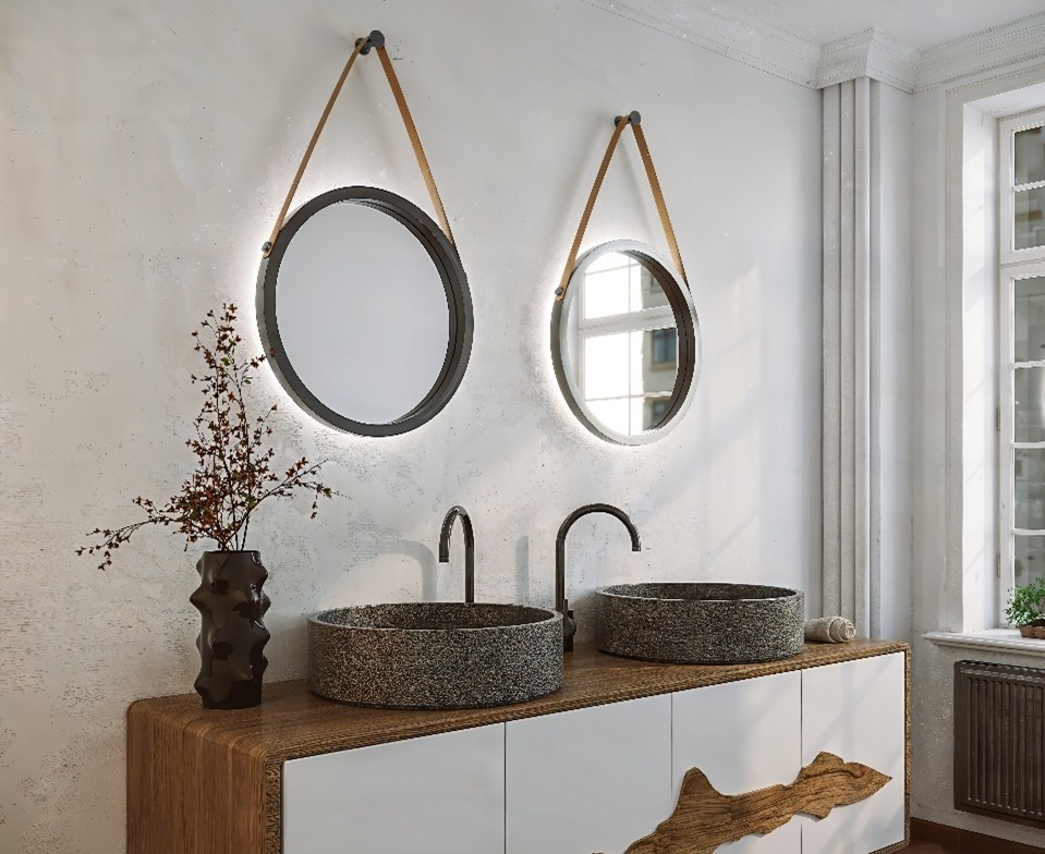 Espejos redondos retroiluminados con correa decorativa en baño moderno con doble lavabo.