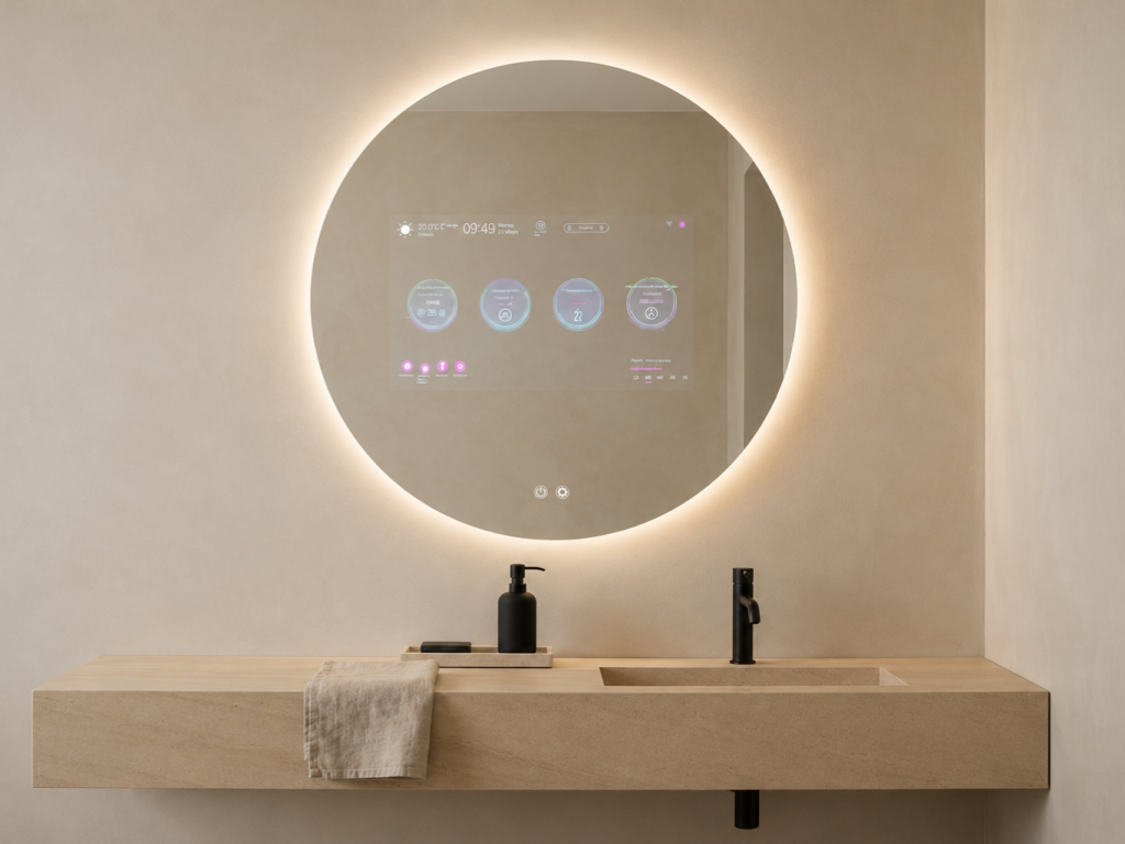 Espejo inteligente redondo con pantalla integrada e iluminación retroiluminada en baño contemporáneo.