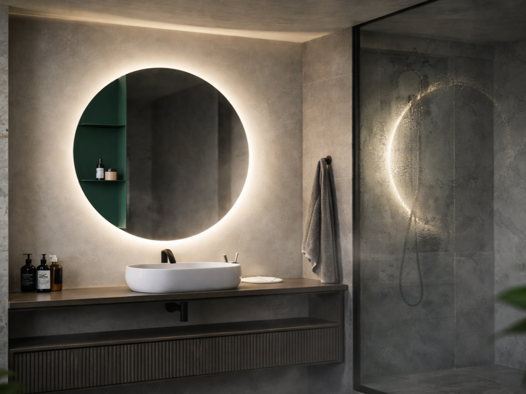 Espejo redondo retroiluminado en baño moderno con iluminación ambiental y efecto envolvente.