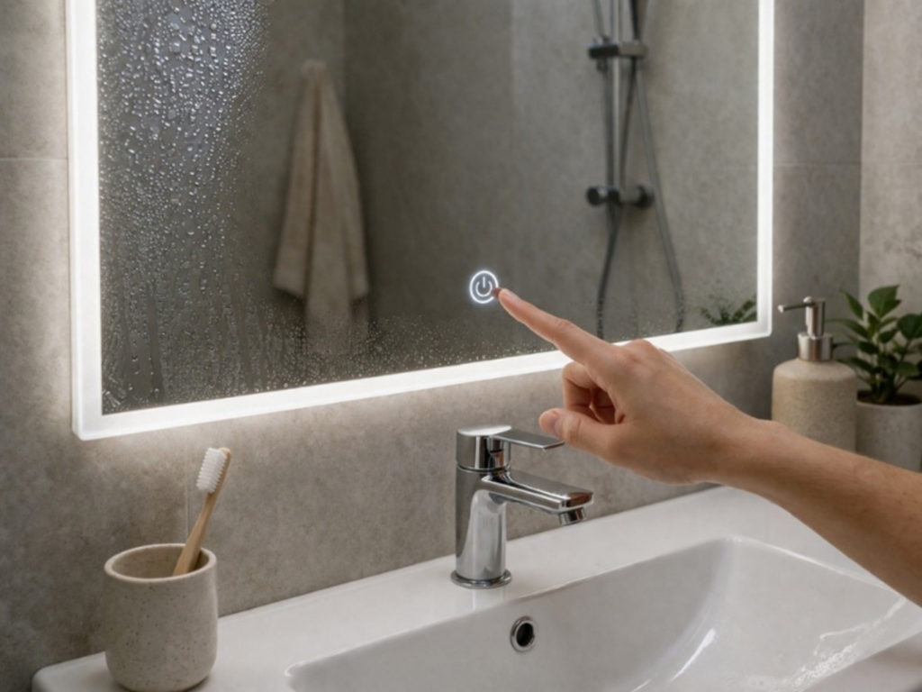 Espejo de baño con sensor táctil frontal e iluminación LED en un entorno húmedo con condensación.