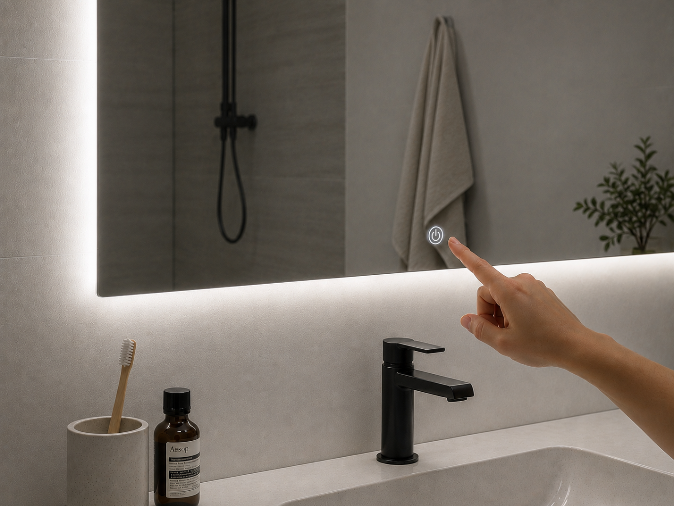 Espejo de baño con sensor táctil frontal e iluminación LED en un entorno húmedo con condensación.
