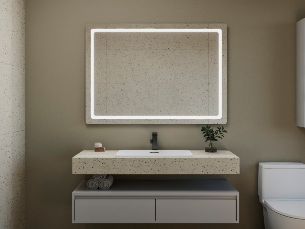 Espejo rectangular con iluminación LED frontal en baño moderno.