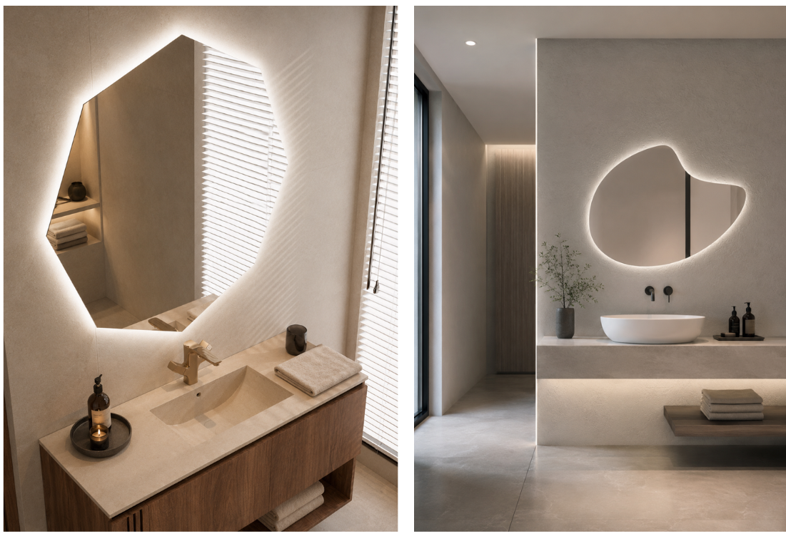 Composición de dos baños modernos con espejos LED retroiluminados de diseño octogonal y orgánico.