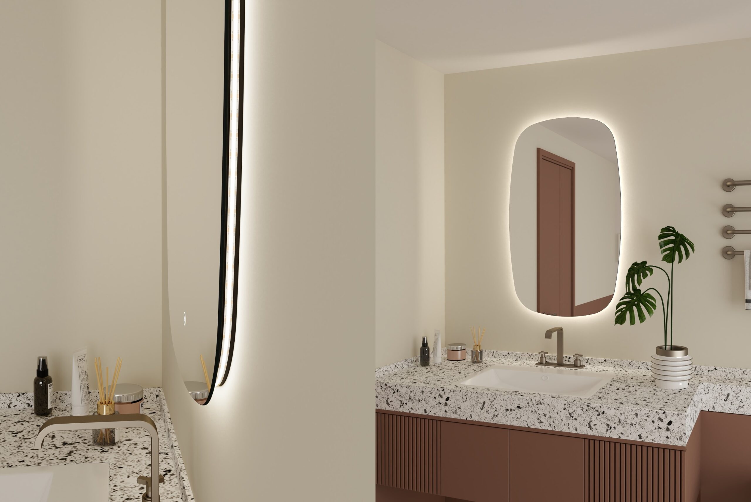 Espejo de baño retroiluminado con iluminación ambiental en tono neutro integrado en el perímetro