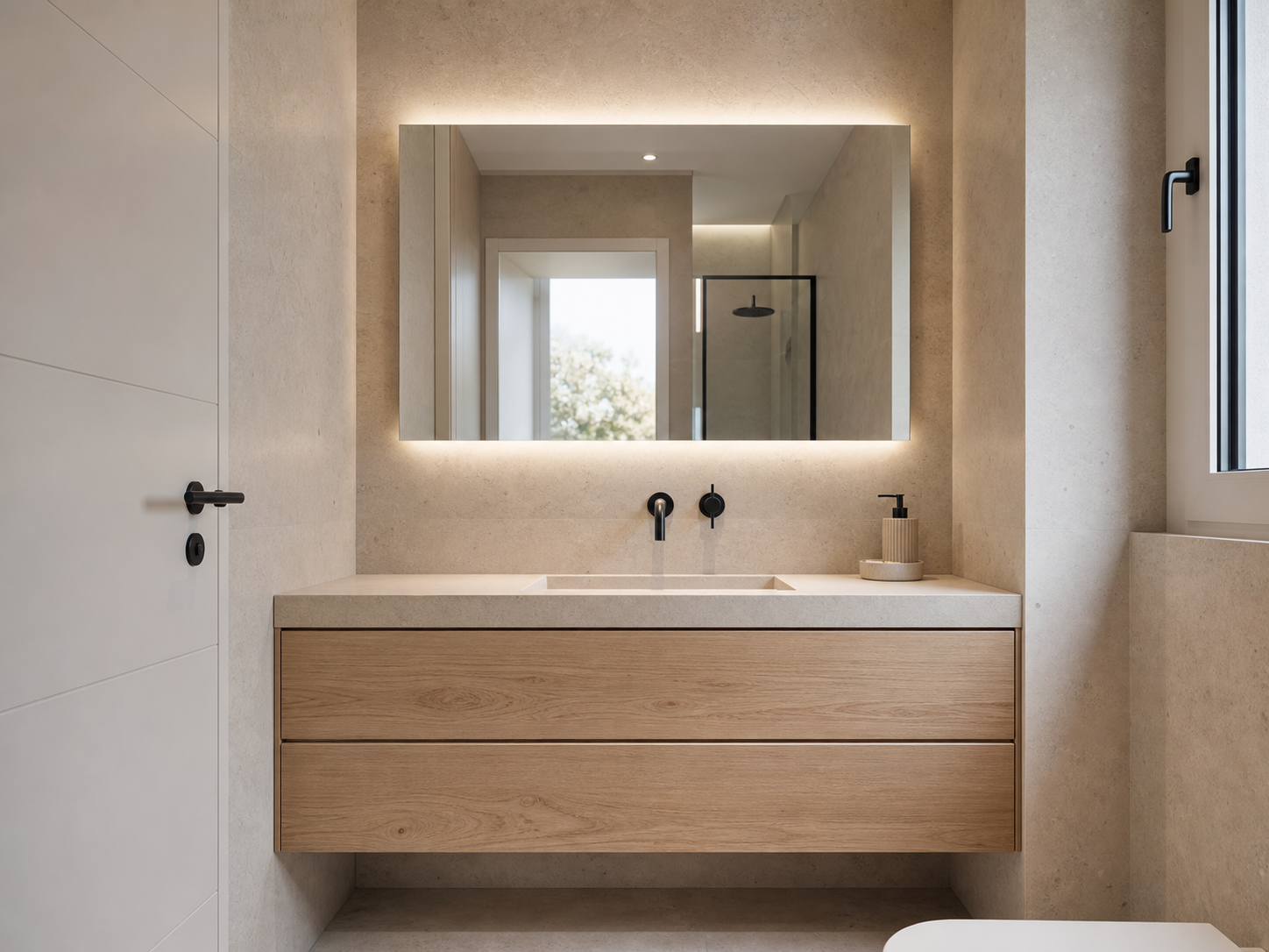 Baño compacto contemporáneo con espejo rectangular retroiluminado sobre mueble suspendido de madera.