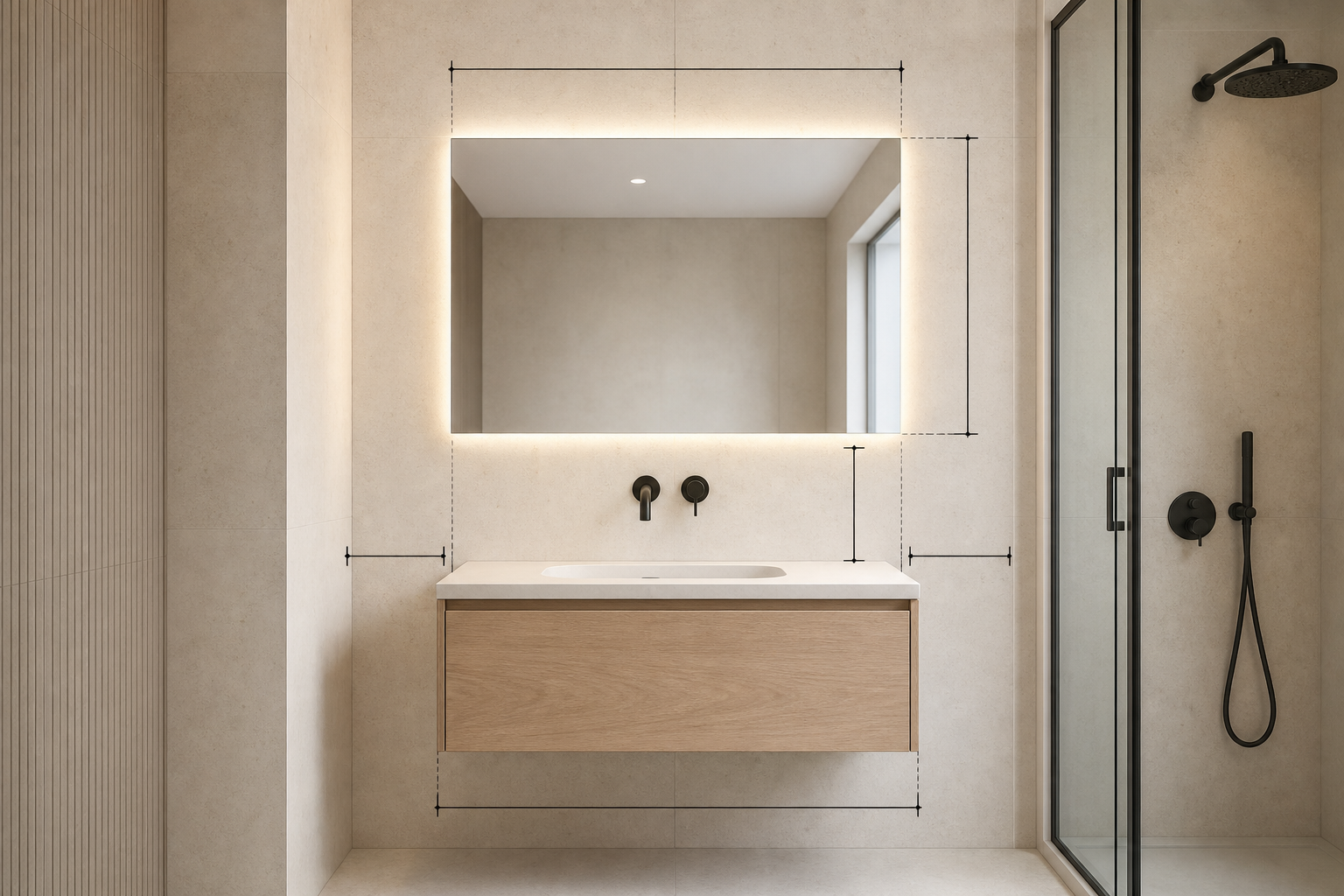 Baño compacto con líneas de cota para definir las medidas del espejo, el mueble y las separaciones.