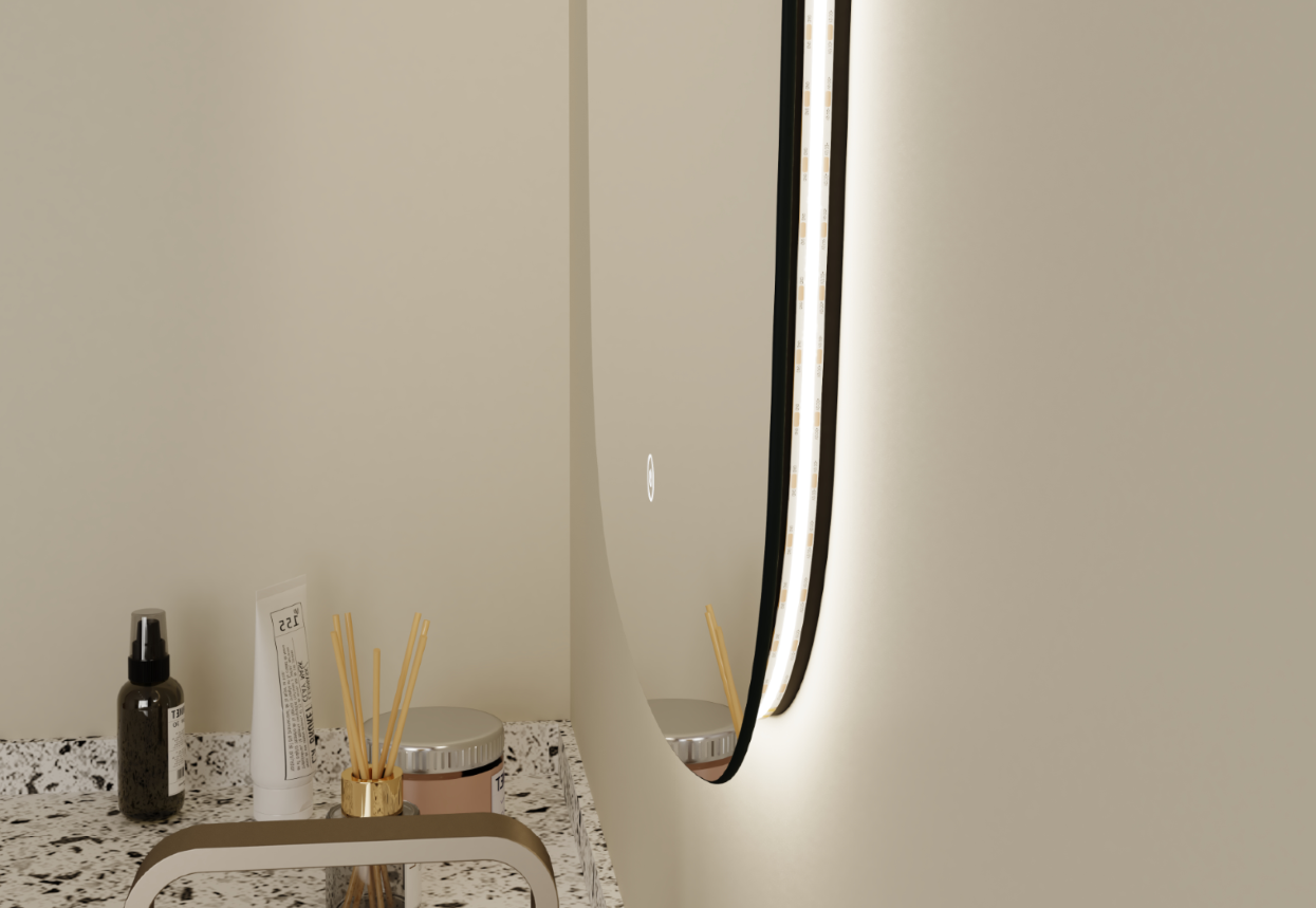 Detalle lateral de espejo LED con iluminación integrada y sistema de luz visible en el perímetro.