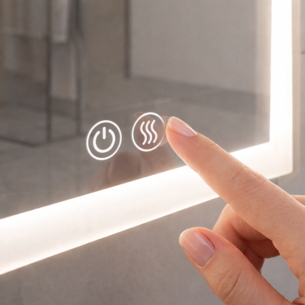 Detalle de espejo de baño con control táctil para encendido de luz y función antivaho.