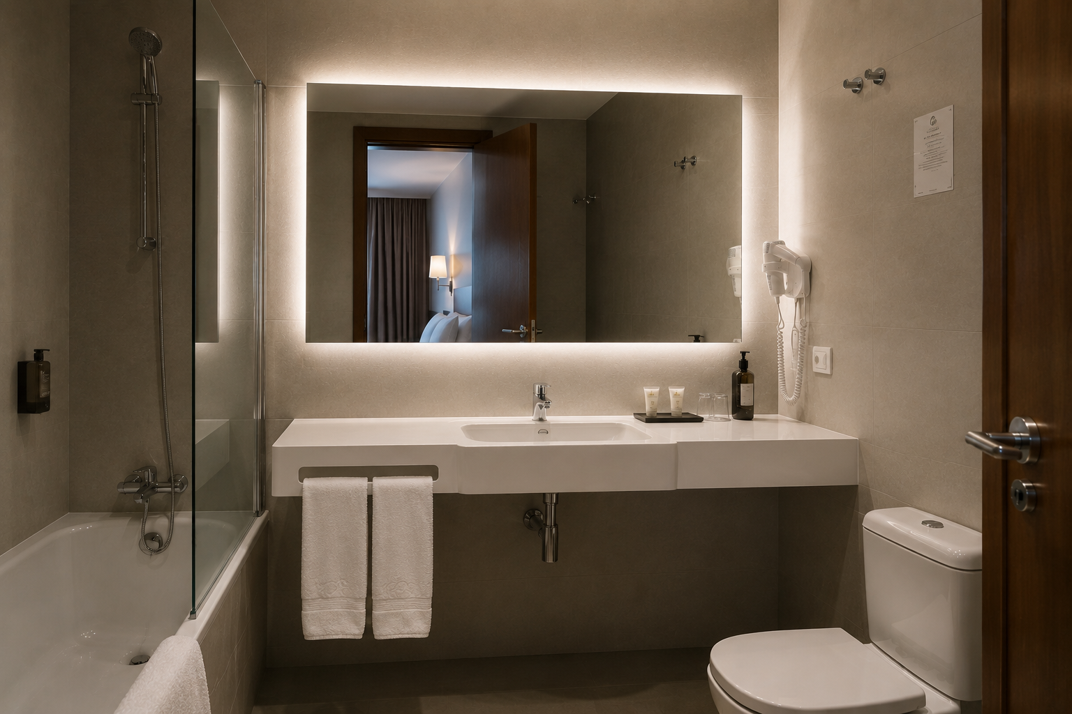 Espejo rectangular retroiluminado en baño de hotel con iluminación ambiental integrada.