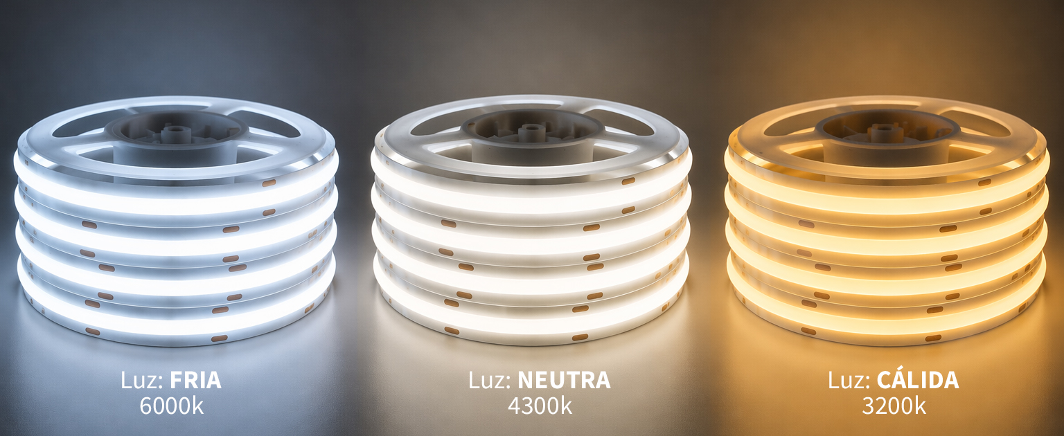Tiras LED en tres temperaturas de color: luz fría 6000K, luz neutra 4300K y luz cálida 3200K.