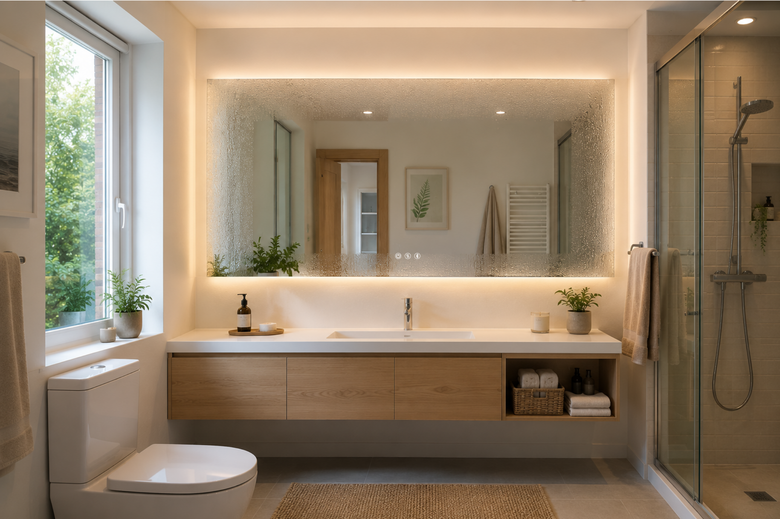 Espejo rectangular retroiluminado con sistema antivaho y controles táctiles en baño contemporáneo.