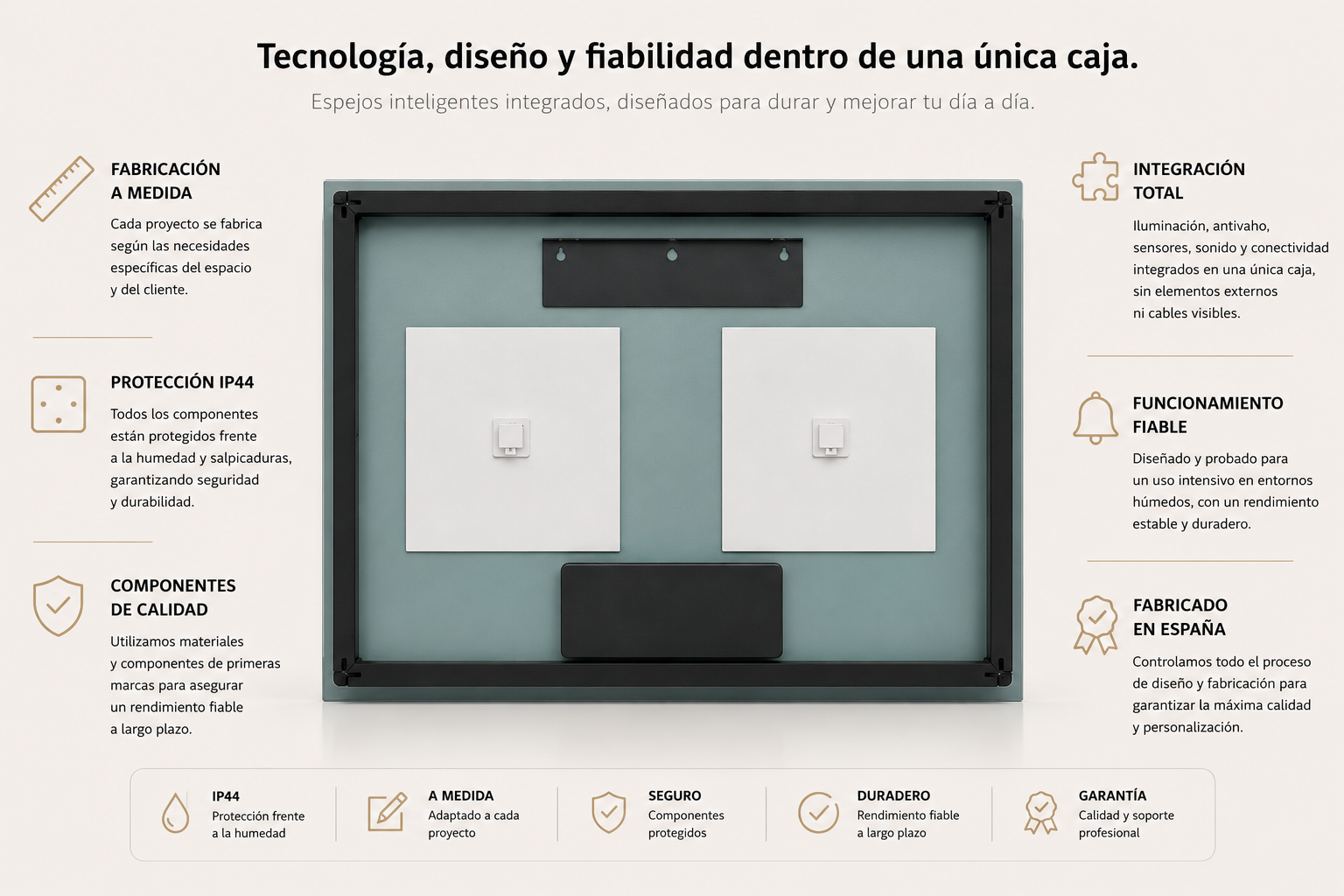 Infografía sobre integración técnica de componentes en un espejo inteligente fabricado a medida.