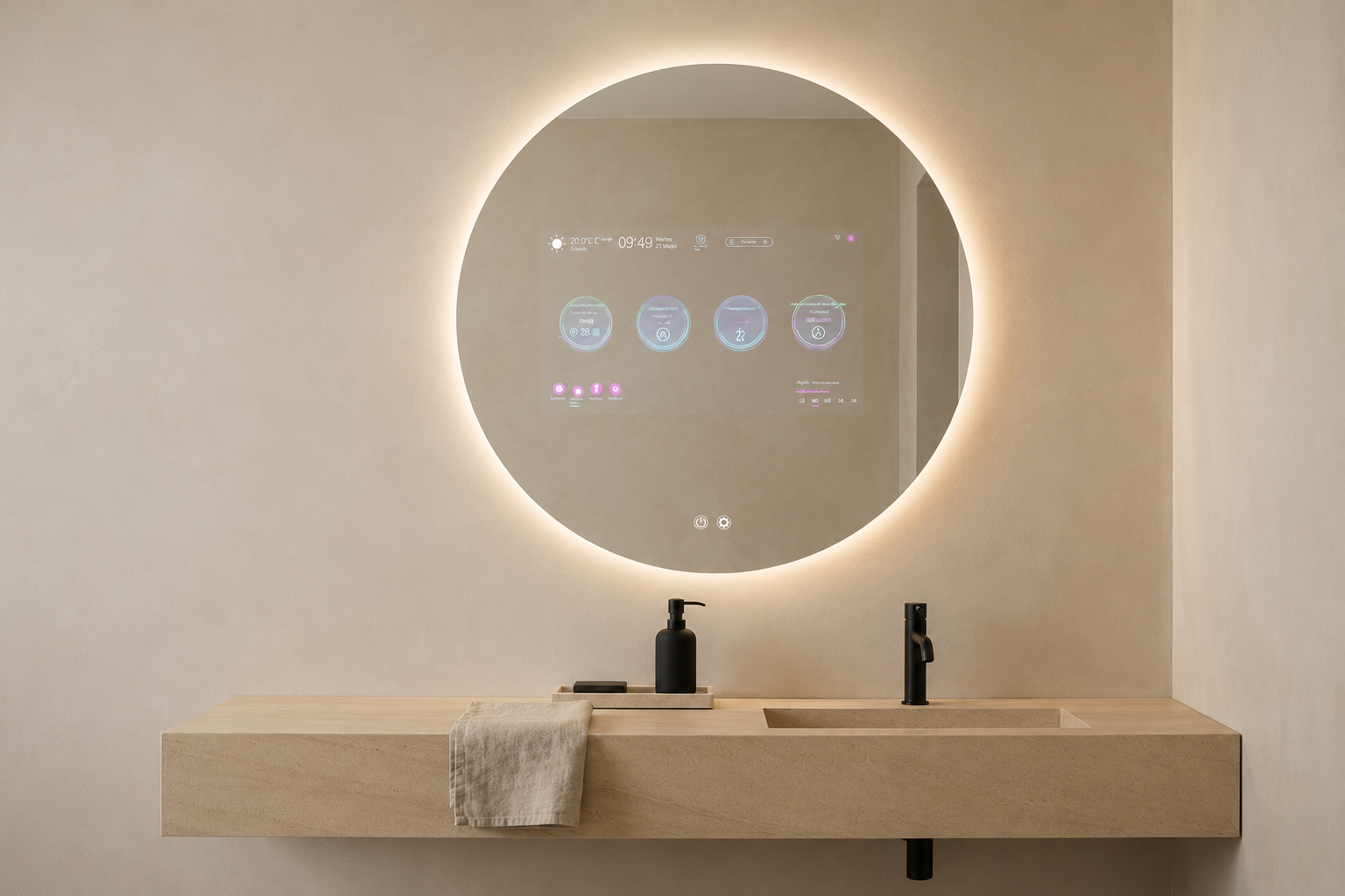 Espejo inteligente redondo con pantalla integrada e iluminación retroiluminada en baño contemporáneo.