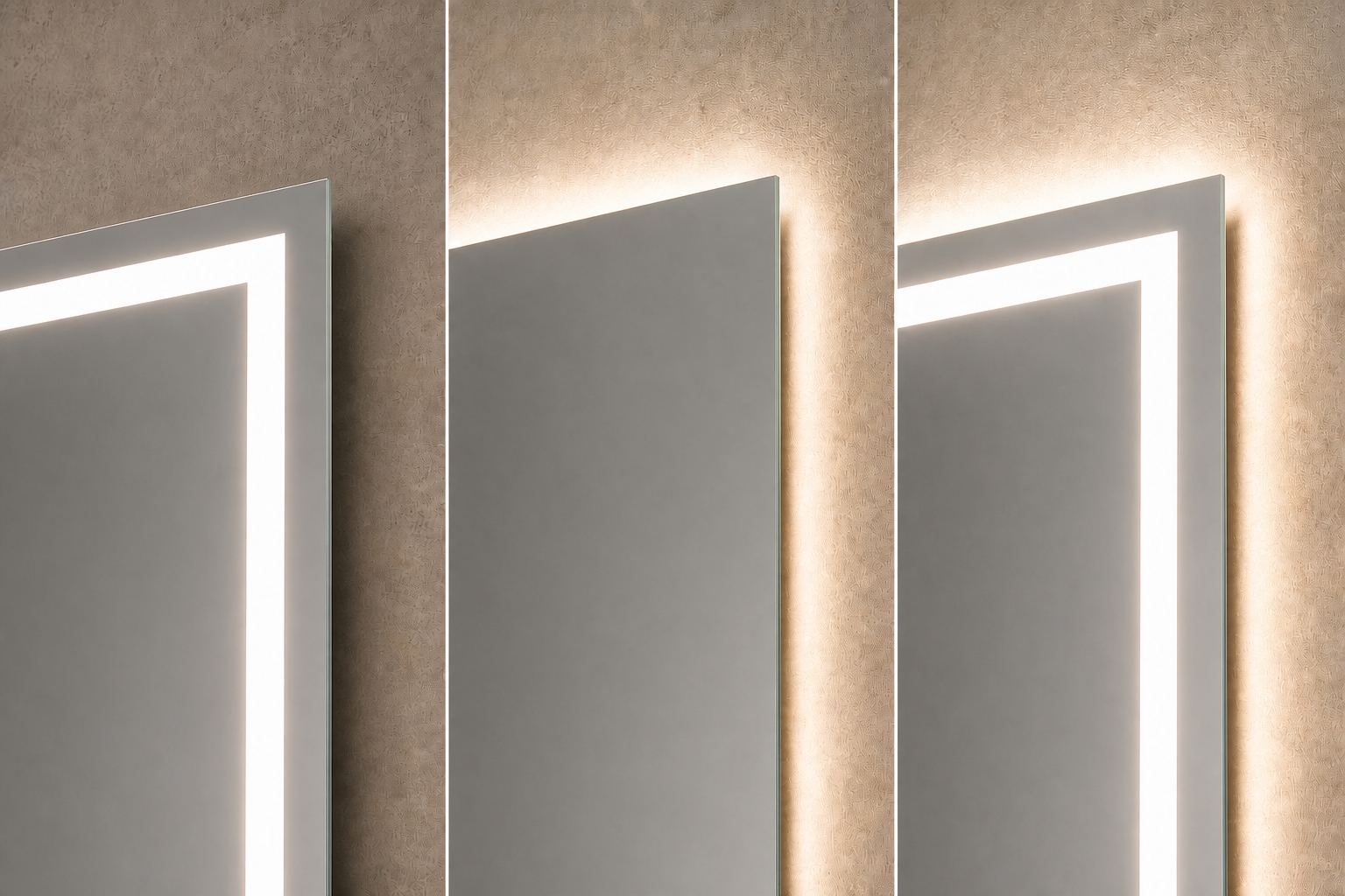 Comparativa técnica de luz frontal, luz ambiental y luz combinada en el canto de un espejo.