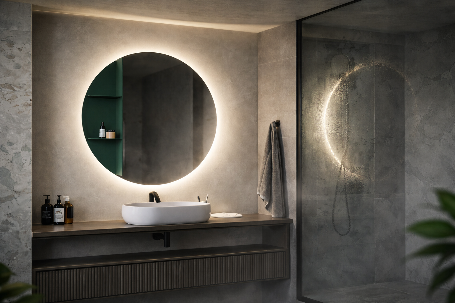 Espejo redondo retroiluminado en baño moderno con iluminación ambiental y efecto envolvente.