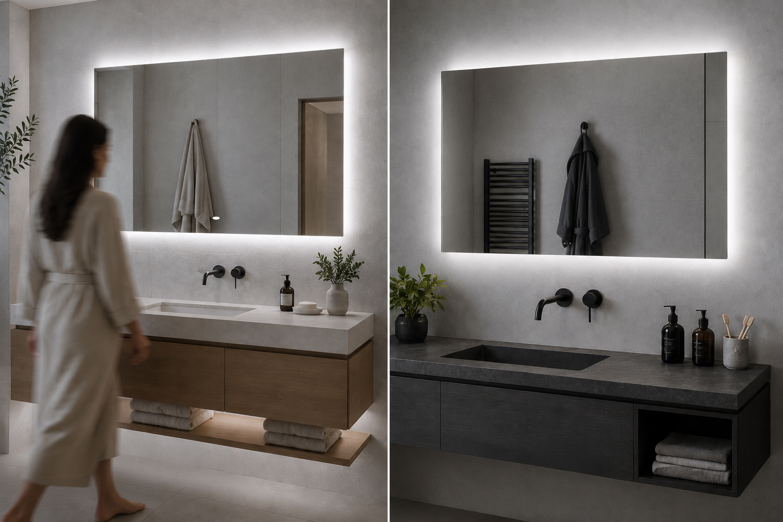 Espejos de baño con iluminación LED activada mediante sensor de movimiento y sensor infrarrojo frontal.