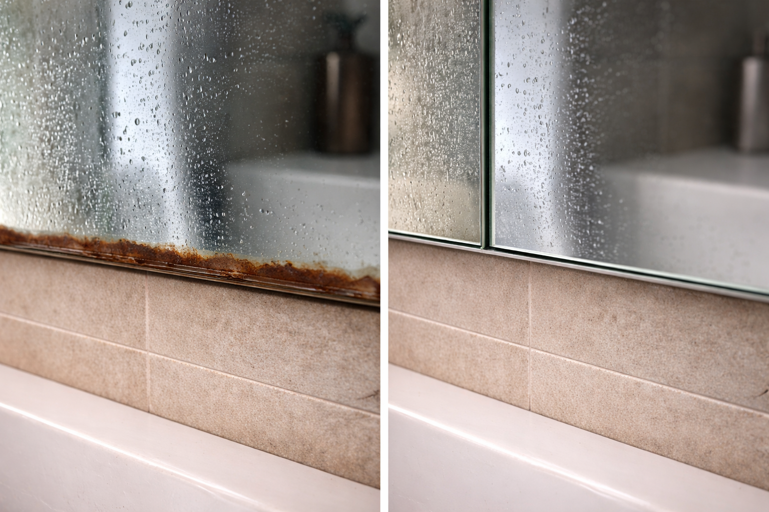 Comparativa de espejo de baño con corrosión por humedad frente a espejo en buen estado