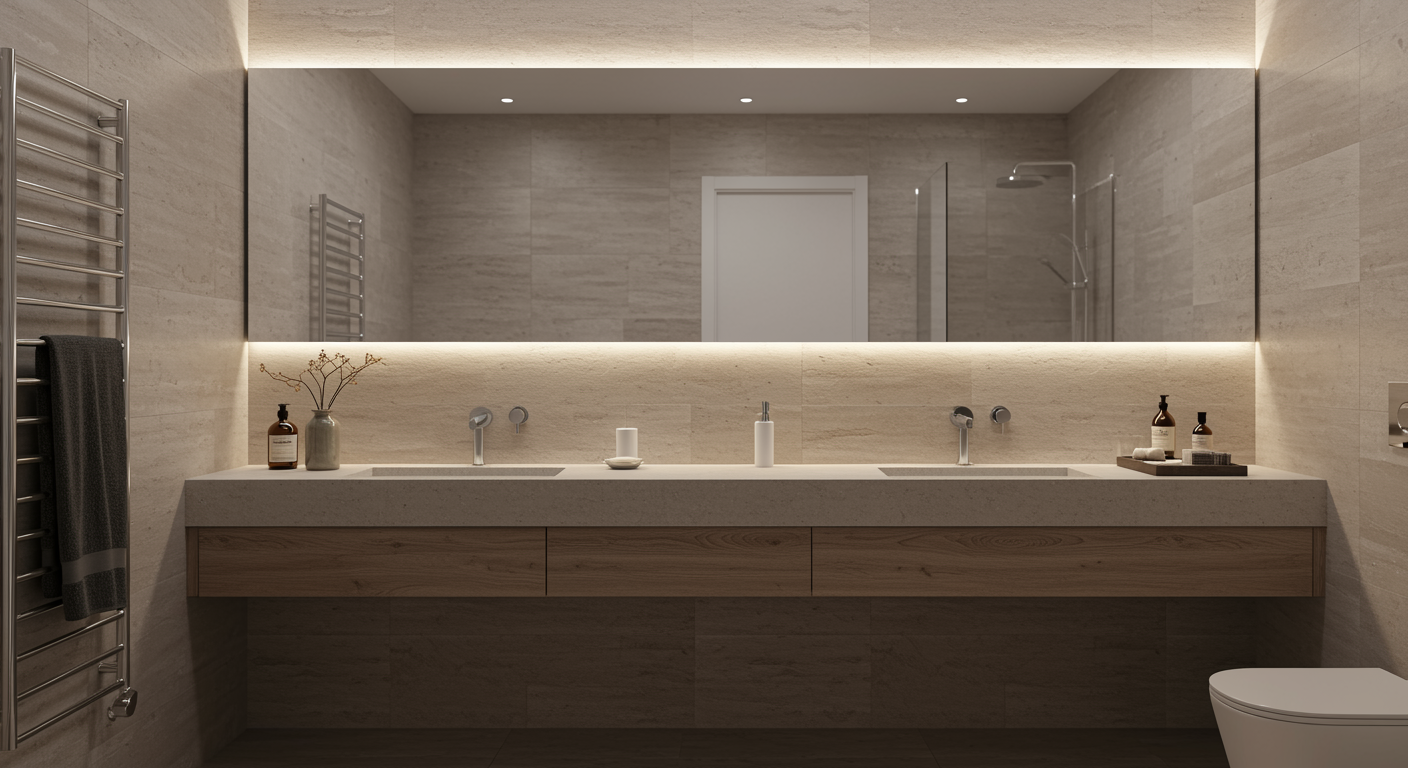 Espejo de baño retroiluminado sobre mueble de madera con doble lavabo en un baño contemporáneo.