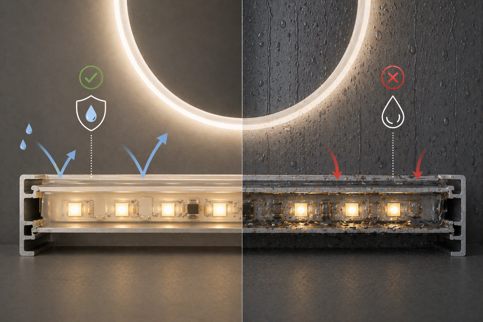 Comparativa de iluminación LED protegida frente a humedad frente a sistema sin protección con filtraciones de agua.