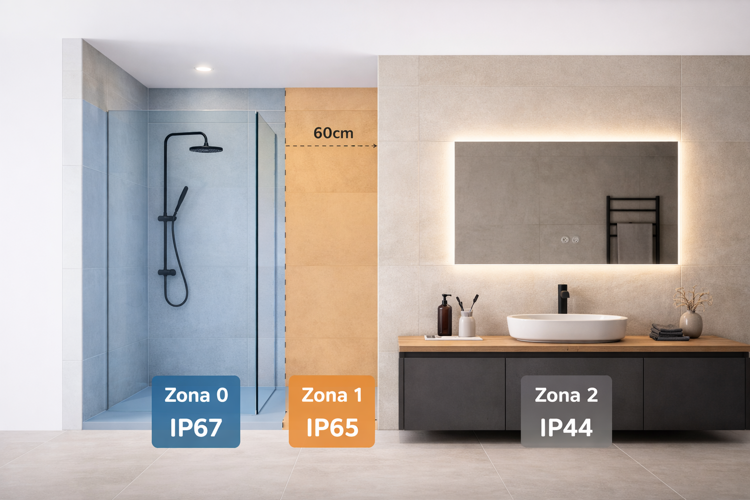 Zonas de seguridad en el baño con clasificación IP67, IP65 e IP44 según distancia al agua